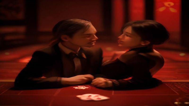 ไพ่สองใบหงายบนโต๊ะคาสิโนสดแสงแดงทอง